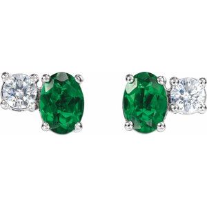 14K White Gold Oval 7 X 5 Mm Lab-Grown Emerald And 1/2 Ctw Lab-Grown Diamond Earrings