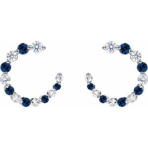 14K White Gold Round 2.1 Mm Natural Blue Sapphire And 1/3 Ctw Natural Diamond Hoop Earrings