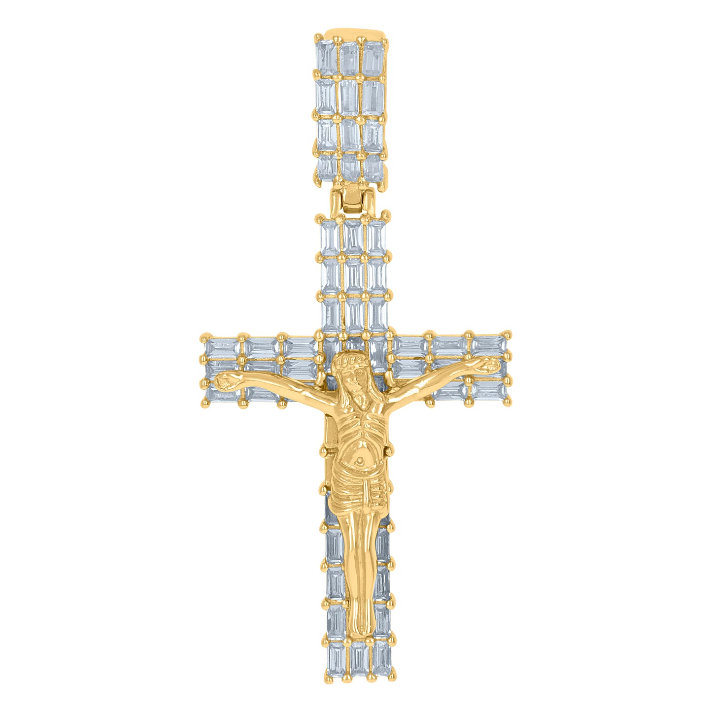 Sterling Silver Mens Baguette Cubic-Zirconia Crucifix Cross Religious Charm Pendant