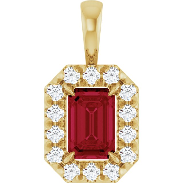 14K Yellow Gold Emerald Shape 6 X 4Mm I1, G-H Polished Natural Ruby And 1/5 Ctw Natural Diamond French-Set Halo-Style Pendant