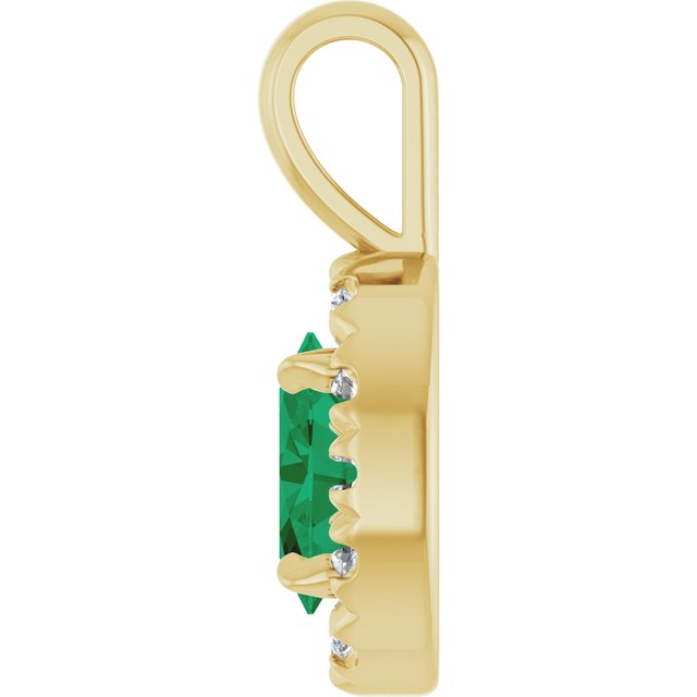 14K Yellow Gold Oval 6 X 4Mm I1, G-H Polished Natural Emerald And 1/10 Ctw Natural Diamond French-Set Halo-Style Pendant
