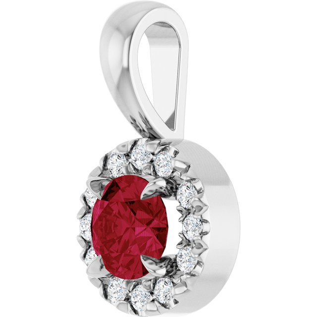 14K Yellow Or White Gold Round 3Mm I1, G-H Polished Natural Ruby And .03 Ctw Natural Diamond French-Set Halo-Style Pendant