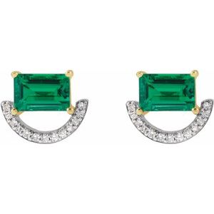 14K Yellow Gold Straight Baguette 6 X 4 Mm Imitation Emerald And 3/4 Ctw Natural Diamond Earring With 14Kw Rhodium-Plated Prongs