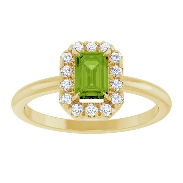 14K Yellow Gold Emerald 6 X 4 Mm Polished Natural Peridot And 1/5 Ctw Natural Diamond French-Set Halo-Style Ring