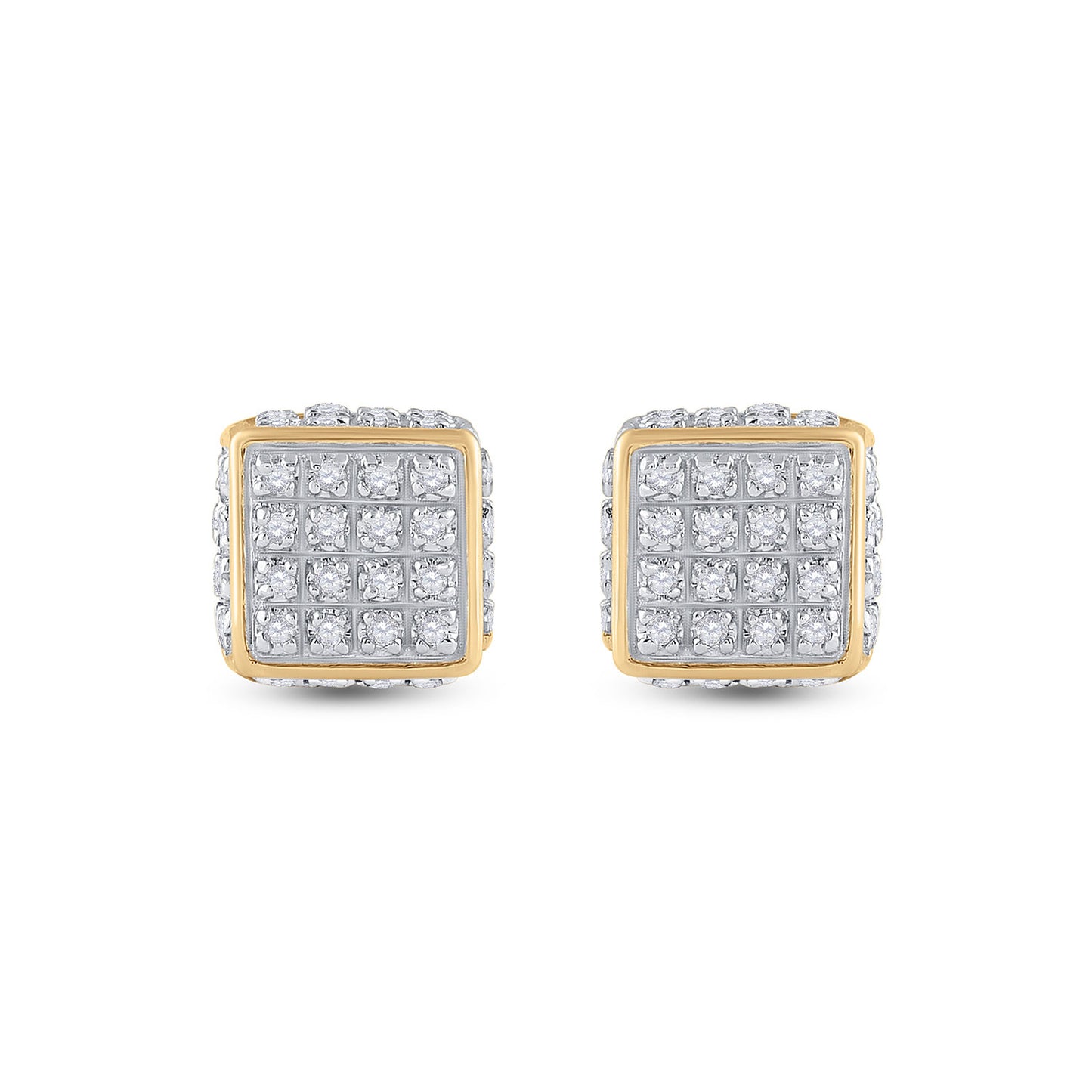 10K Yellow Gold Round Diamond 3D Square Stud Earrings 1/4 Cttw