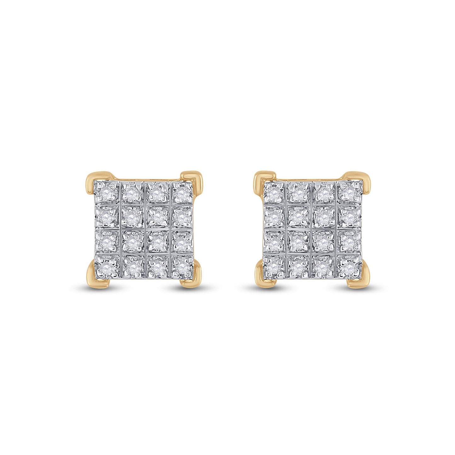10K Yellow Gold Womens Round Diamond Square Earrings 1/10 Cttw