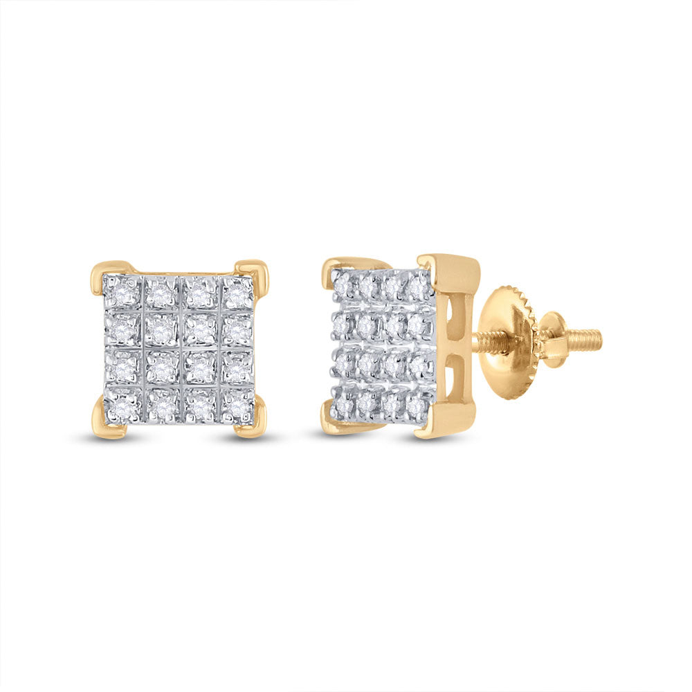 10K Yellow Gold Womens Round Diamond Square Earrings 1/10 Cttw