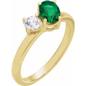 14K Yellow Gold Lab-Grown Emerald Oval 7 X 5 Mm Lab-Grown Diamond Polished Lab-Grown Emerald And 1/4 Ctw Lab-Grown Diamond 2-Stone Ring Size 7
