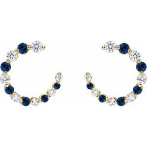 14K Yellow Gold Round 2.1 Mm Natural Blue Sapphire And 1/3 Ctw Natural Diamond Hoop Earrings