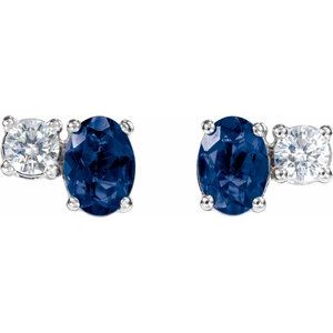 14K White Gold Oval 7 X 5 Mm Lab-Grown Blue Sapphire And 1/2 Ctw Lab-Grown Earrings