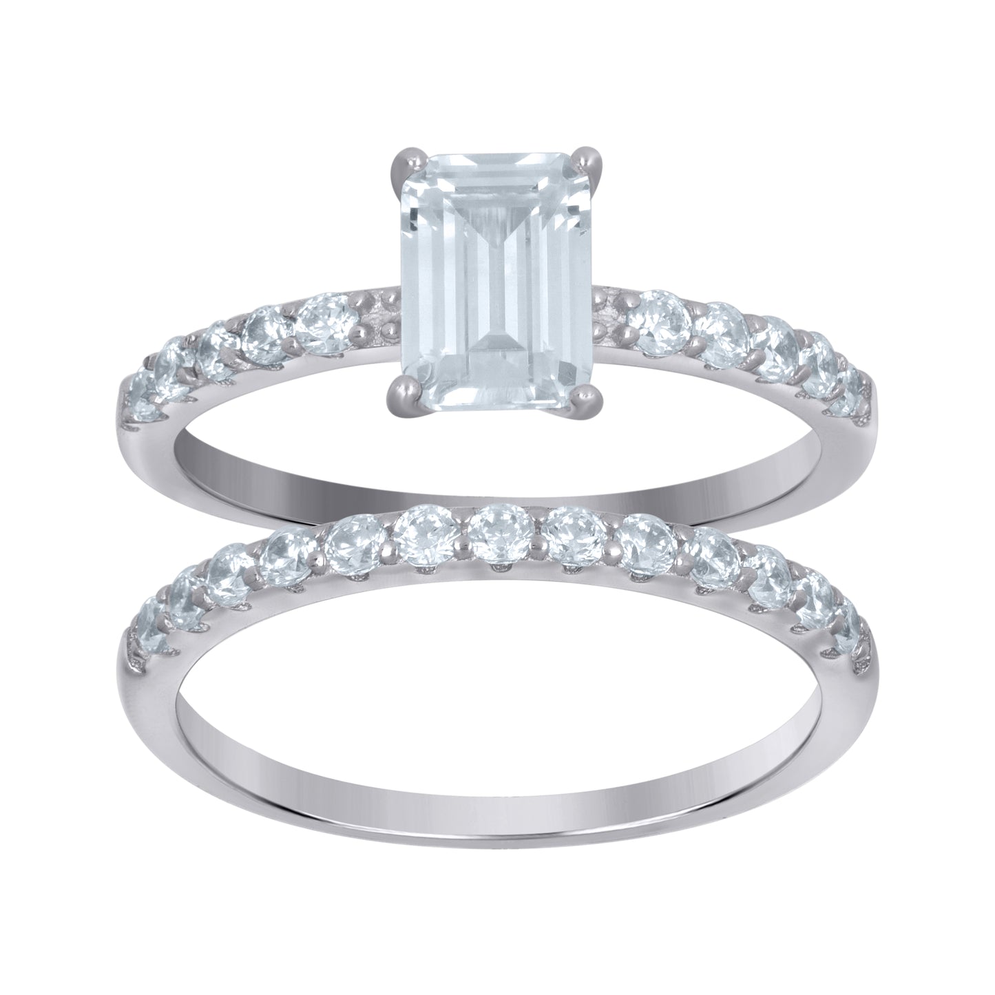 Sterling Silver Womens Emerald Cubic-Zirconia Duo Bridal Anniversary Wedding Engagement Band Ring Set