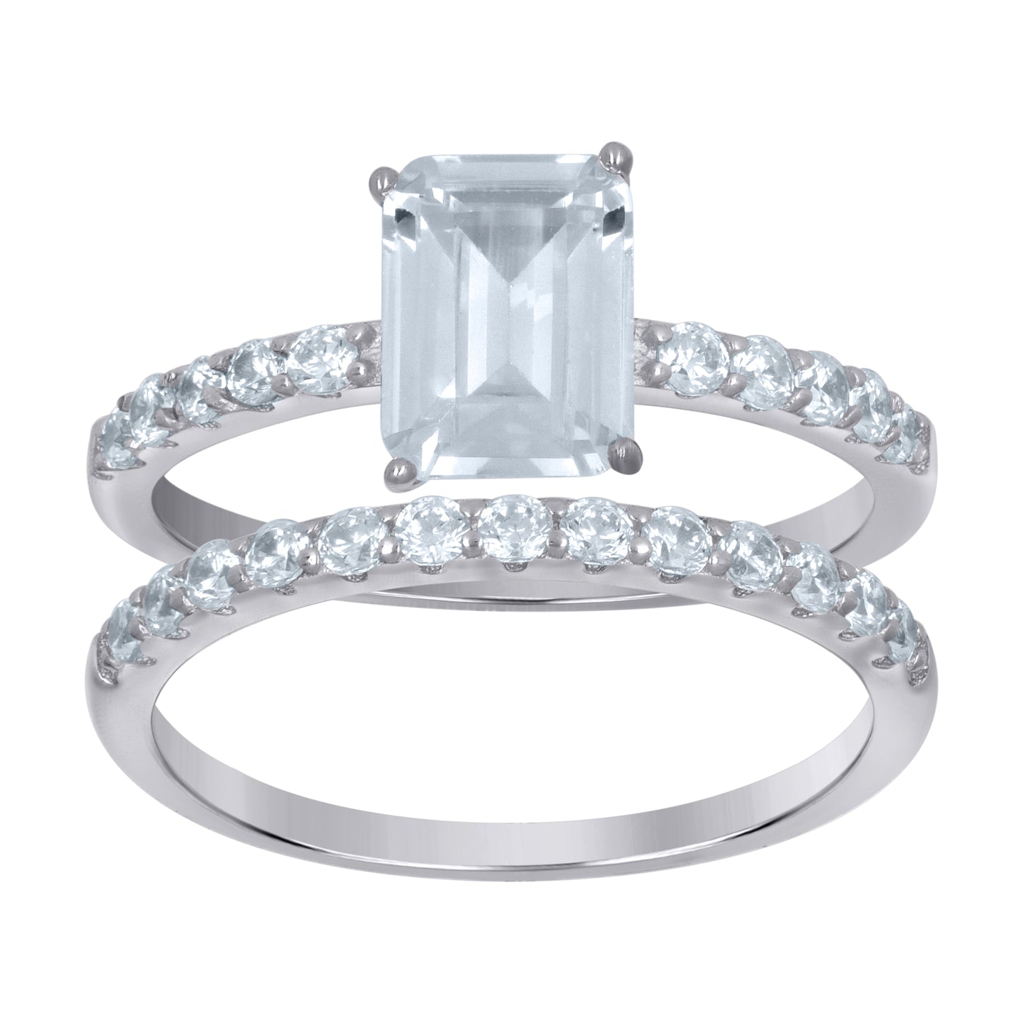 Sterling Silver Women's Emerald Cubic-Zirconia Duo Bridal Anniversary Wedding Engagement Band Ring Set