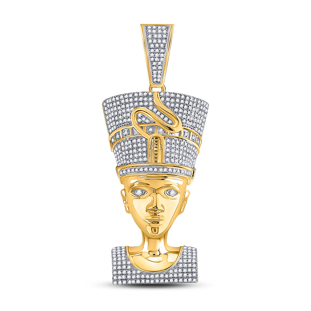 10K Yellow Gold Mens Round Diamond Nefertiti Pharaoh Charm Pendant 1-1/3 Cttw, Length: 2.26 In, Width: 0.92 In