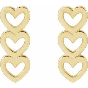 14K Yellow Gold Three Heart Drop Earrings