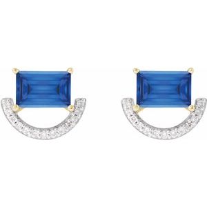 14K Yellow Gold Straight Baguette 6 X 4 Mm Imitation Blue Sapphire And 3/4 Ctw Natural Diamond Earring With 14Kw Rhodium-Plated Prongs