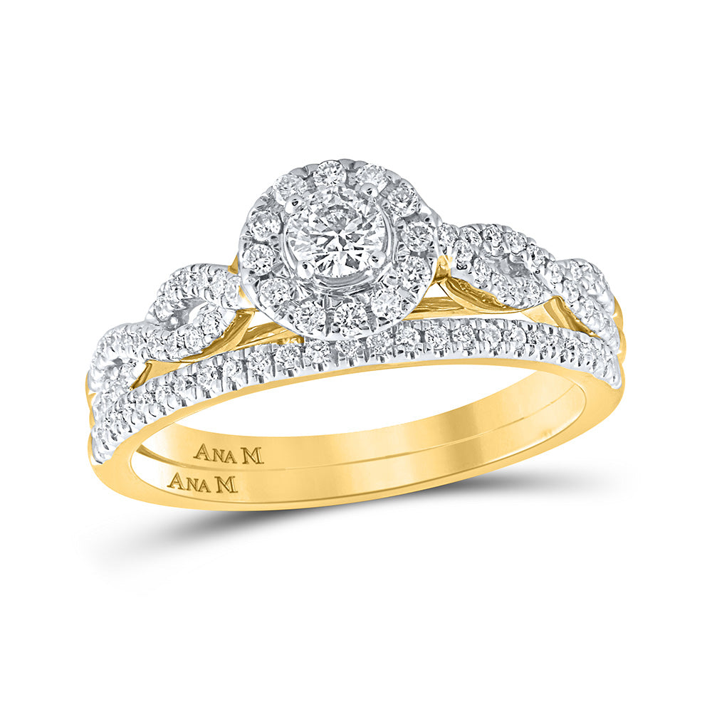 14K Yellow Gold Round Diamond Halo Bridal Wedding Ring Band Set 1/2 Cttw, Womens Size: 5-10