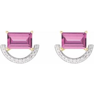14K Yellow Gold Straight Baguette 6 X 4 Mm Imitation Pink Sapphire And 3/4 Ctw Natural Diamond Earring With 14Kw Rhodium-Plated Prongs