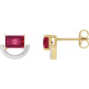 14K Yellow Gold Straight Baguette 6 X 4 Mm Imitation Ruby And 3/4 Ctw Natural Diamond Earring With 14Kw Rhodium-Plated Prongs
