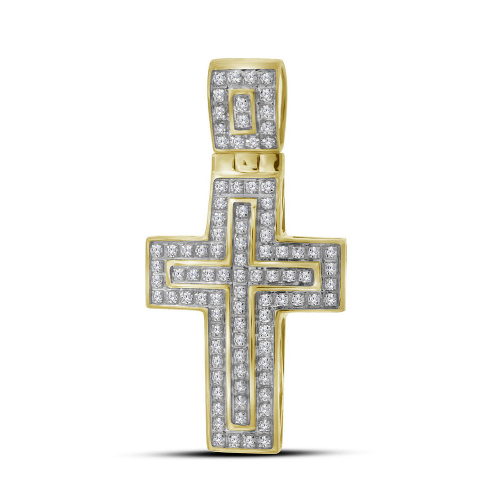 10K Yellow Gold Mens Round Diamond Cross Charm Pendant 1/4 Cttw, Length: 1.5 In, Width: 0.78 In