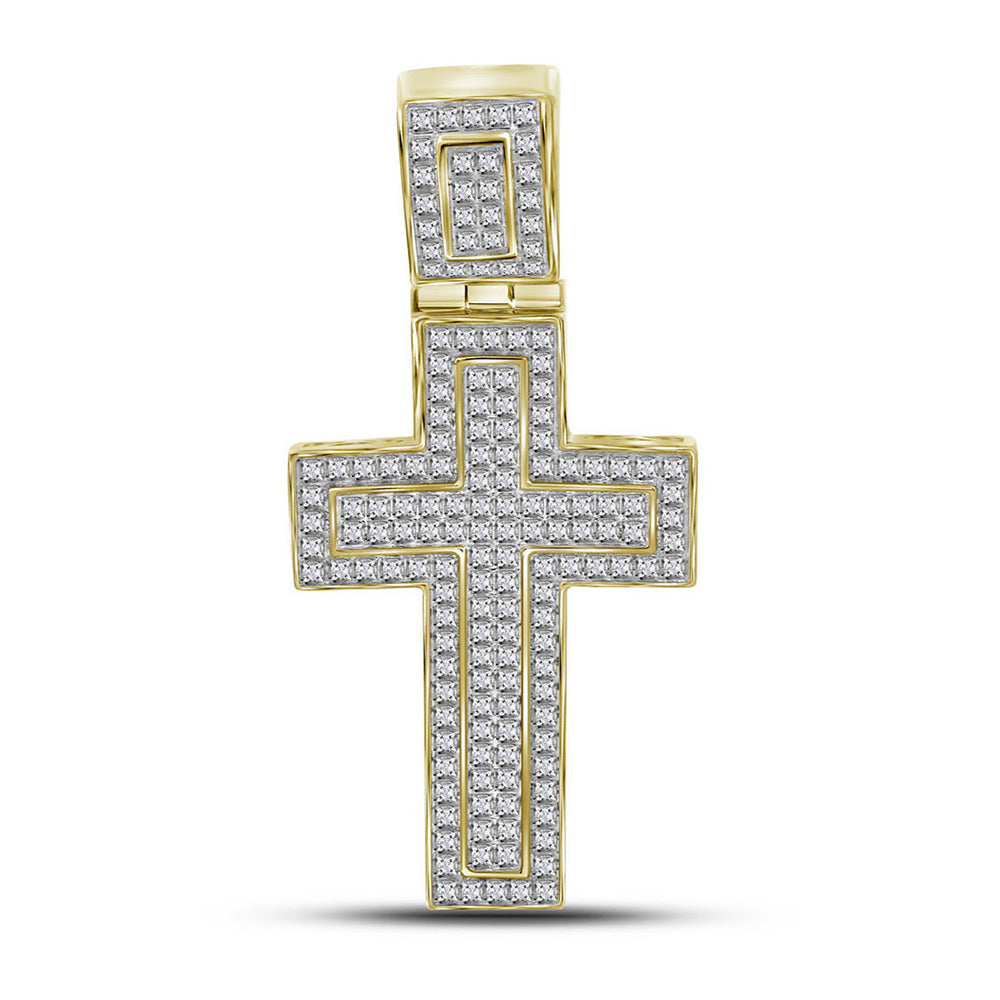 10K Yellow Gold Mens Round Diamond Roman Cross Charm Pendant 1/2 Cttw, Length: 1.98 In, Width: 0.96 In