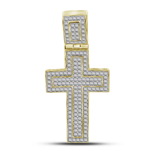 10K Yellow Gold Mens Round Diamond Roman Cross Charm Pendant 1/2 Cttw, Length: 1.98 In, Width: 0.96 In