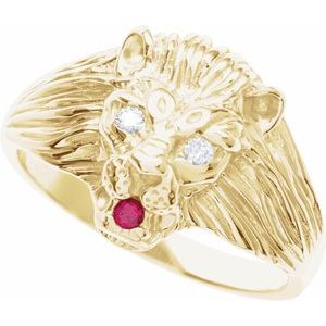 14K Yellow Gold Round 2 Mm .06 Ctw Natural Diamond And Ruby Small Lion Head Ring Size 10