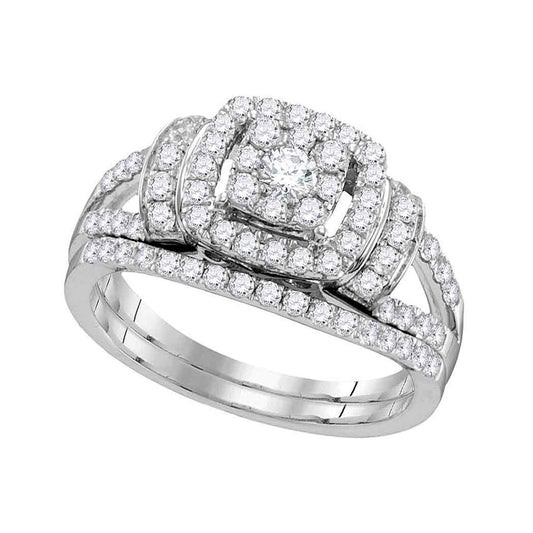 14K White Gold Diamond Framed Cluster Bridal Wedding Ring Band Set 1 Cttw, Womens Size: 5-10