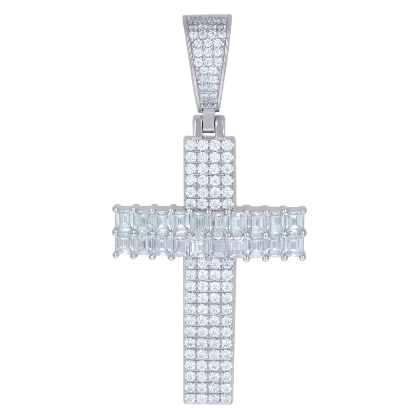 Sterling Silver Mens Round & Baguette Cubic-Zirconia Cross Religious Charm Pendant