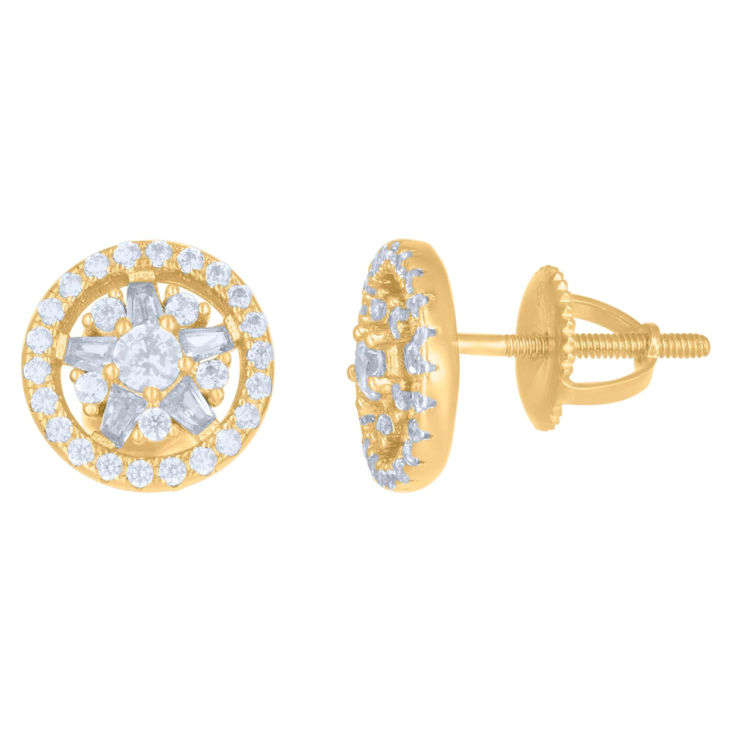 Sterling Silver Or Yellow-Tone Mens Baguette Round Cubic-Zirconia Fashion Stud Earrings