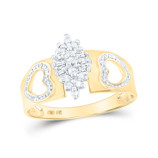 10K Yellow Gold Womens Round Diamond Double Heart Cluster Ring 1/8 Cttw, Womens Size: 5-10