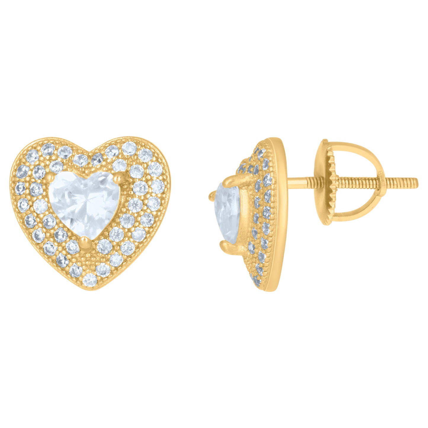 Sterling Silver Or Yellow-Tone Womens Heart Round Cubic-Zirconia Heart Stud Earrings