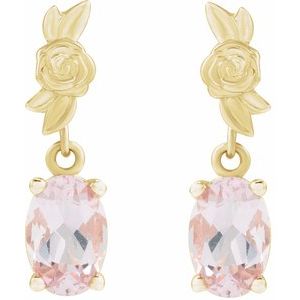14K Yellow Gold Oval 6 X 4 Mm Natural Pink Morganite Floral Dangle Earrings
