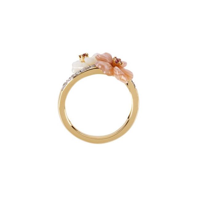 14K Yellow Gold Round 2.25 Mm Polished Natural Pink Tourmaline, Mother Of Pearl And .04 Ctw Natural Diamond Ring, Size 7