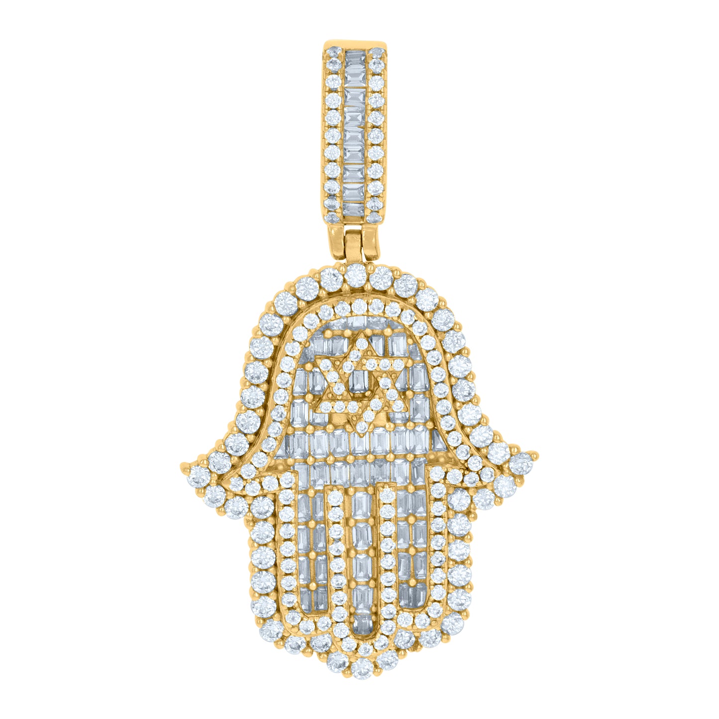 Sterling Silver Mens Baguette Cubic-Zirconia Humsa Symbol Religious Charm Pendant