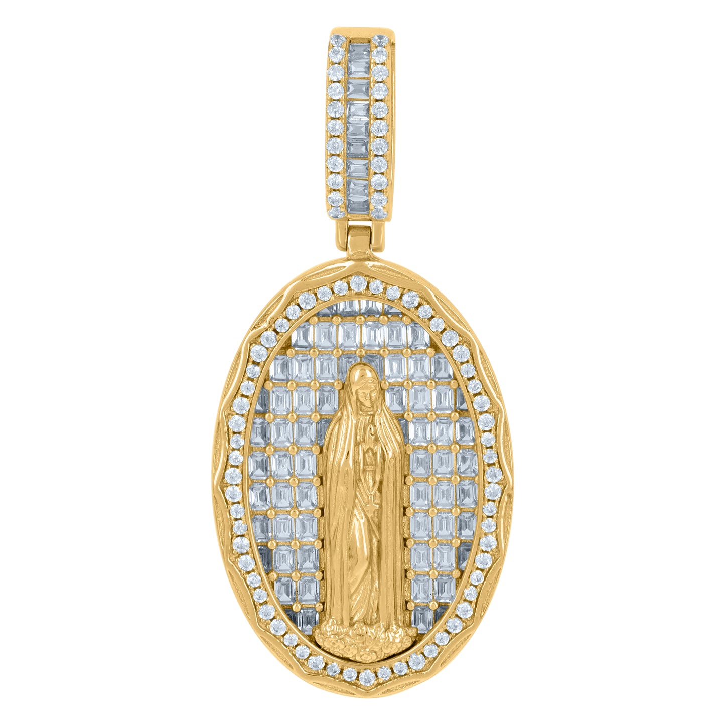 Sterling Silver Men Baguette Cubic-Zirconia Oval Guadalupe/Mother Marry Religious Charm Pendant