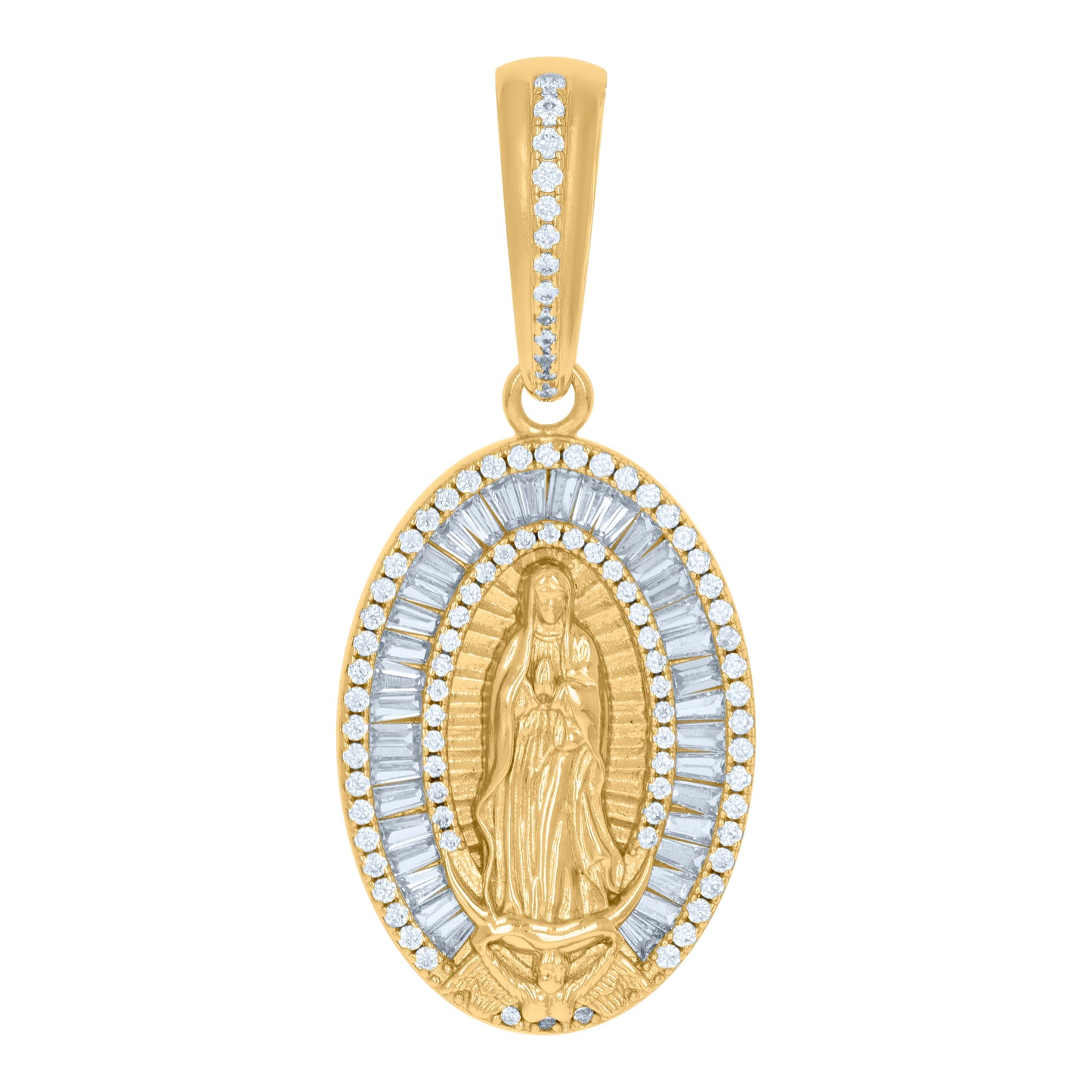 Sterling Silver Men Baguette Cubic-Zirconia Guadalupe/Mother Marry Religious Charm Pendant