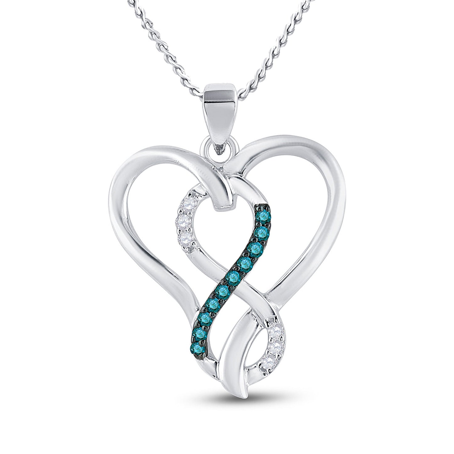 Sterling Silver Womens Round Blue Color Enhanced Diamond Heart Infinity Pendant 1/10 Cttw, Length: 0.85 In, Width: 0.68 In