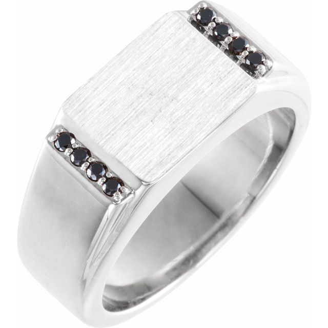 Platinum Or Sterling Silver Round 1.5 Mm Polished 1/10 Ctw Natural Black Diamond Signet Ring, Size 10