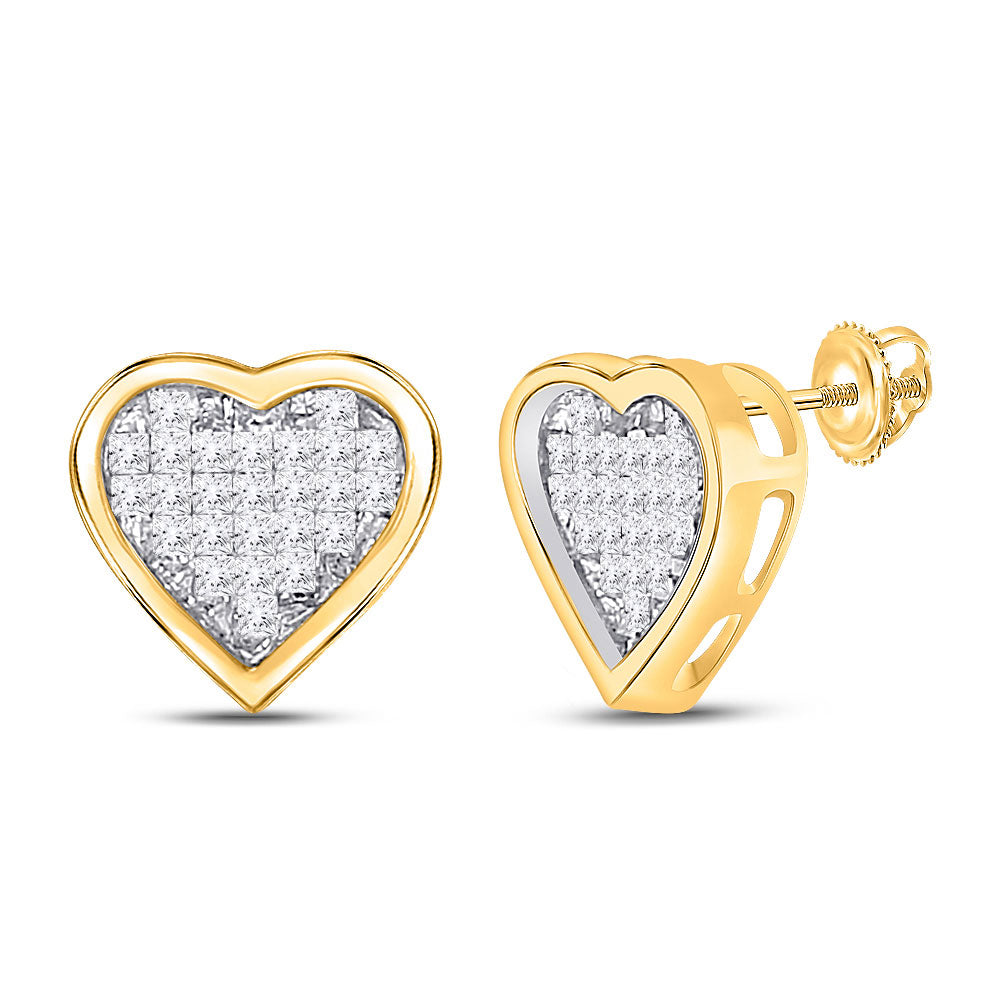 10K Yellow Gold Womens Princess Diamond Heart Earrings 1/3 Cttw