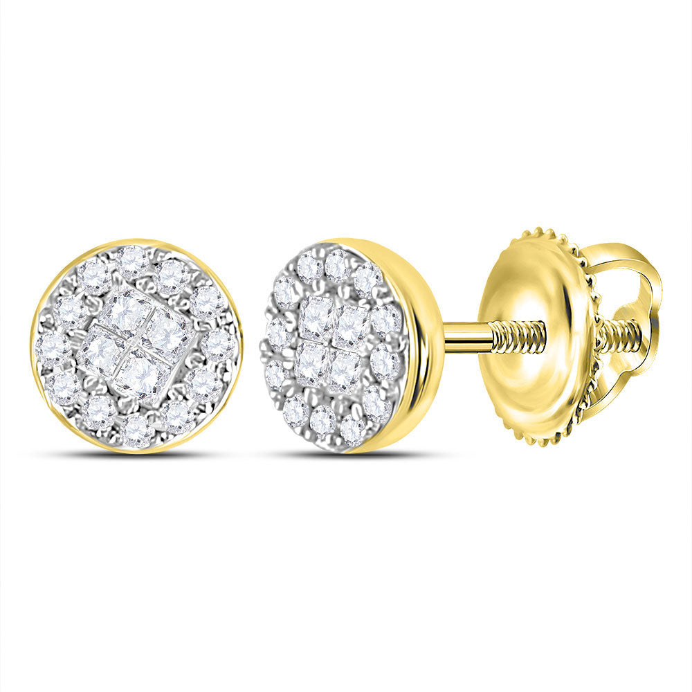14K Yellow Gold Womens Princess Round Diamond Cluster Earrings 1/6 Cttw, Length: 0.19 In, Width: 0.19 In