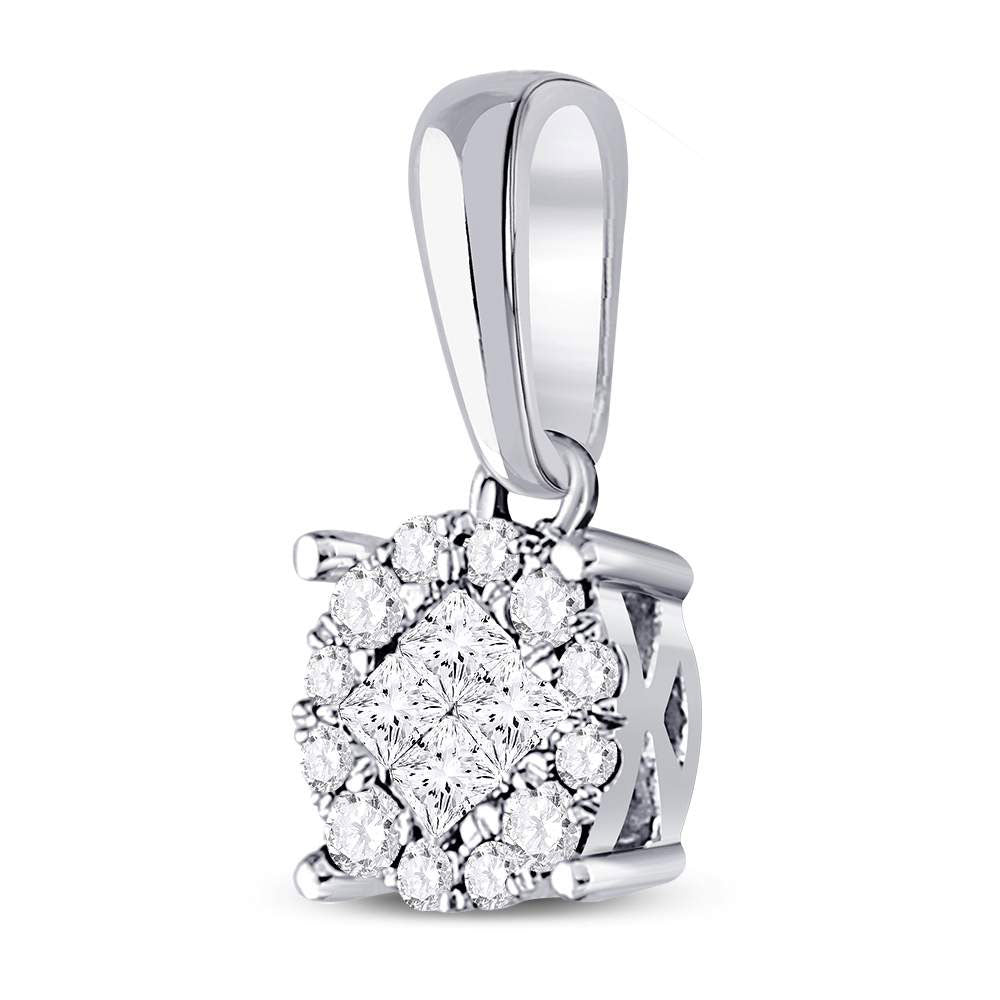 14K White Gold Womens Princess Diamond Cluster Pendant 1/6 Cttw, Length: 0.25 In, Width: 0.23 In