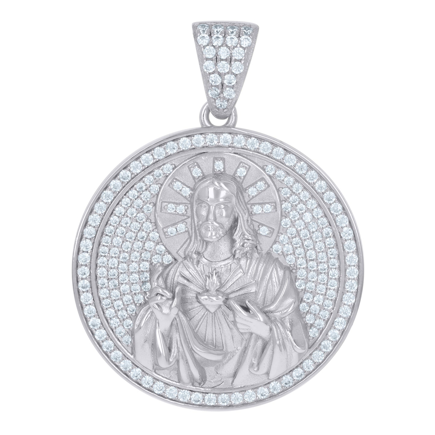 Sterling Silver Mens Cubic-Zirconia Medallion Sacred Heart Of Jesus Religious Charm Pendant