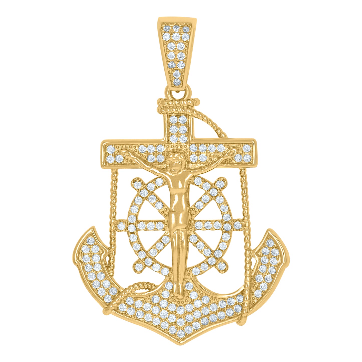 Sterling Silver Mens Cubic-Zirconia Anchor Crucifix Religious Charm Pendant