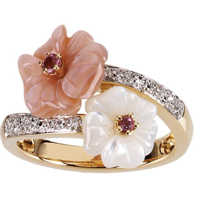 14K Yellow Gold Round 2.25 Mm Polished Natural Pink Tourmaline, Mother Of Pearl And .04 Ctw Natural Diamond Ring, Size 7