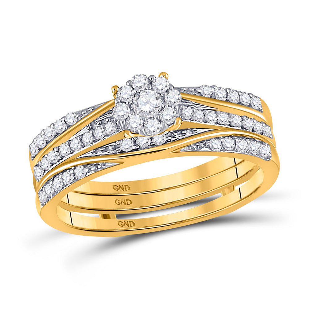 10K Yellow Gold Round Diamond 3-Piece Bridal Wedding Ring Band Set 1/2 Cttw, Womens Size: 5-10