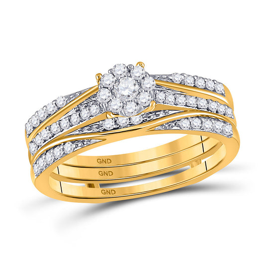 10K Yellow Gold Round Diamond 3-Piece Bridal Wedding Ring Band Set 1/2 Cttw, Womens Size: 5-10