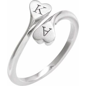 14K White Gold Polished Engravable Double Heart Bypass Ring With Bead Blast Finish Size 7