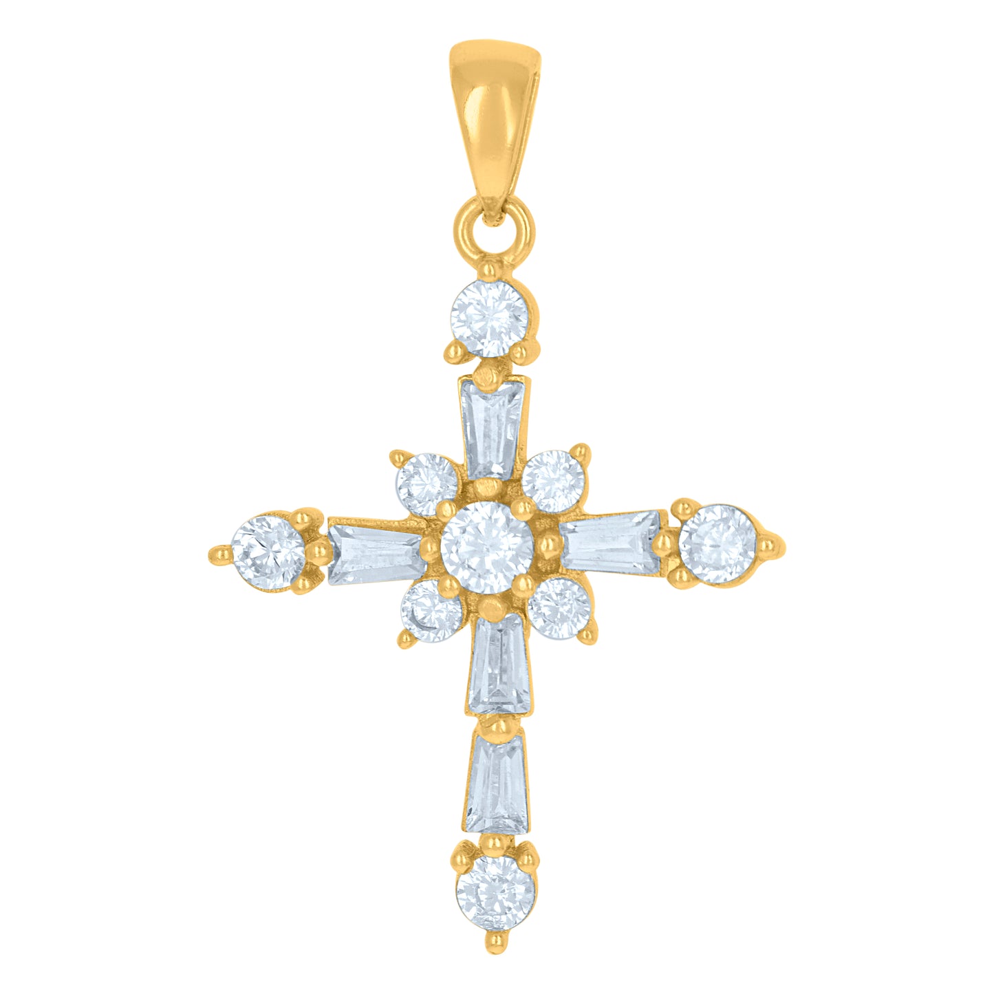 Sterling Silver Unisex Baguette Cubic Zirconia Cross Religious Charm Pendant