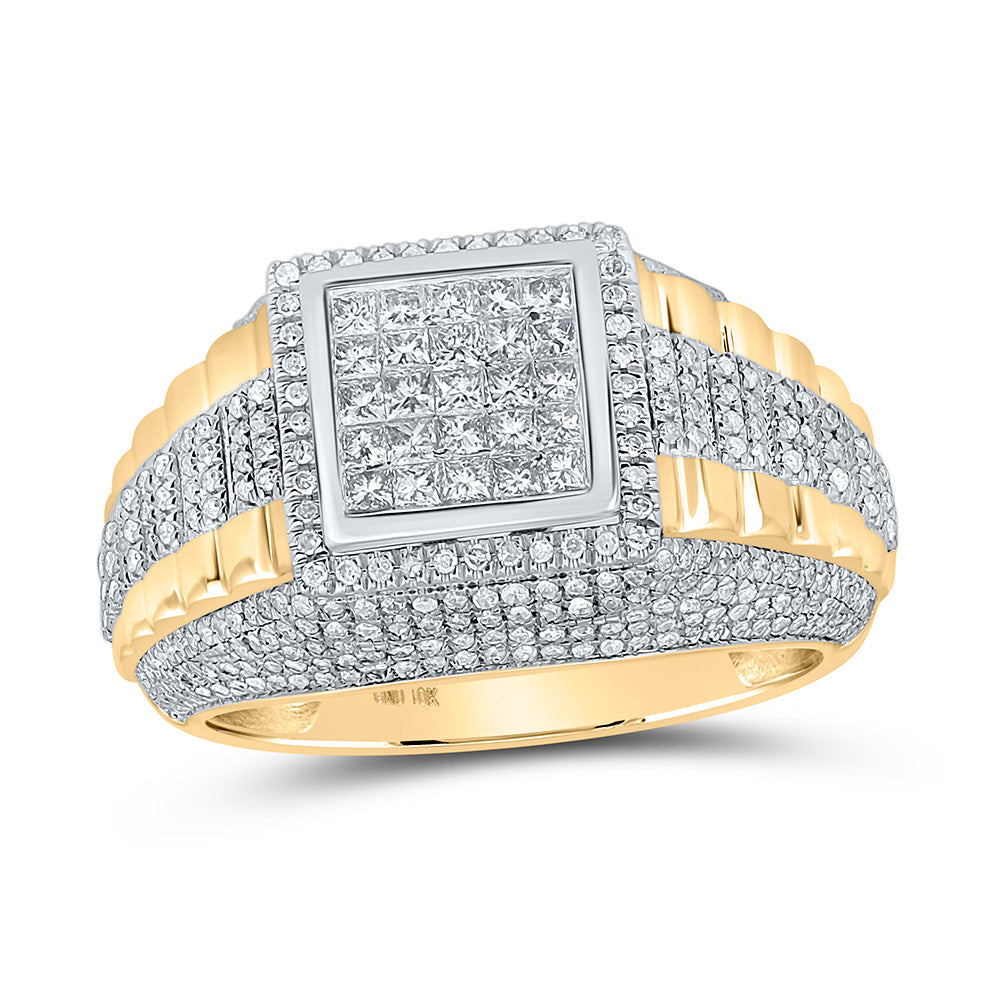 10K Yellow Gold Mens Round Diamond Square Cluster Ring 1-1/3 Cttw, Mens Size: 7-13