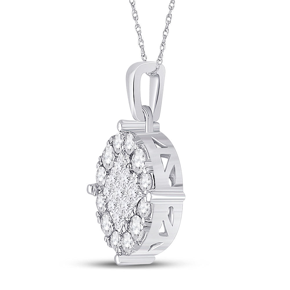 14K White Gold Womens Princess Diamond Circle Cluster Pendant 1 Cttw